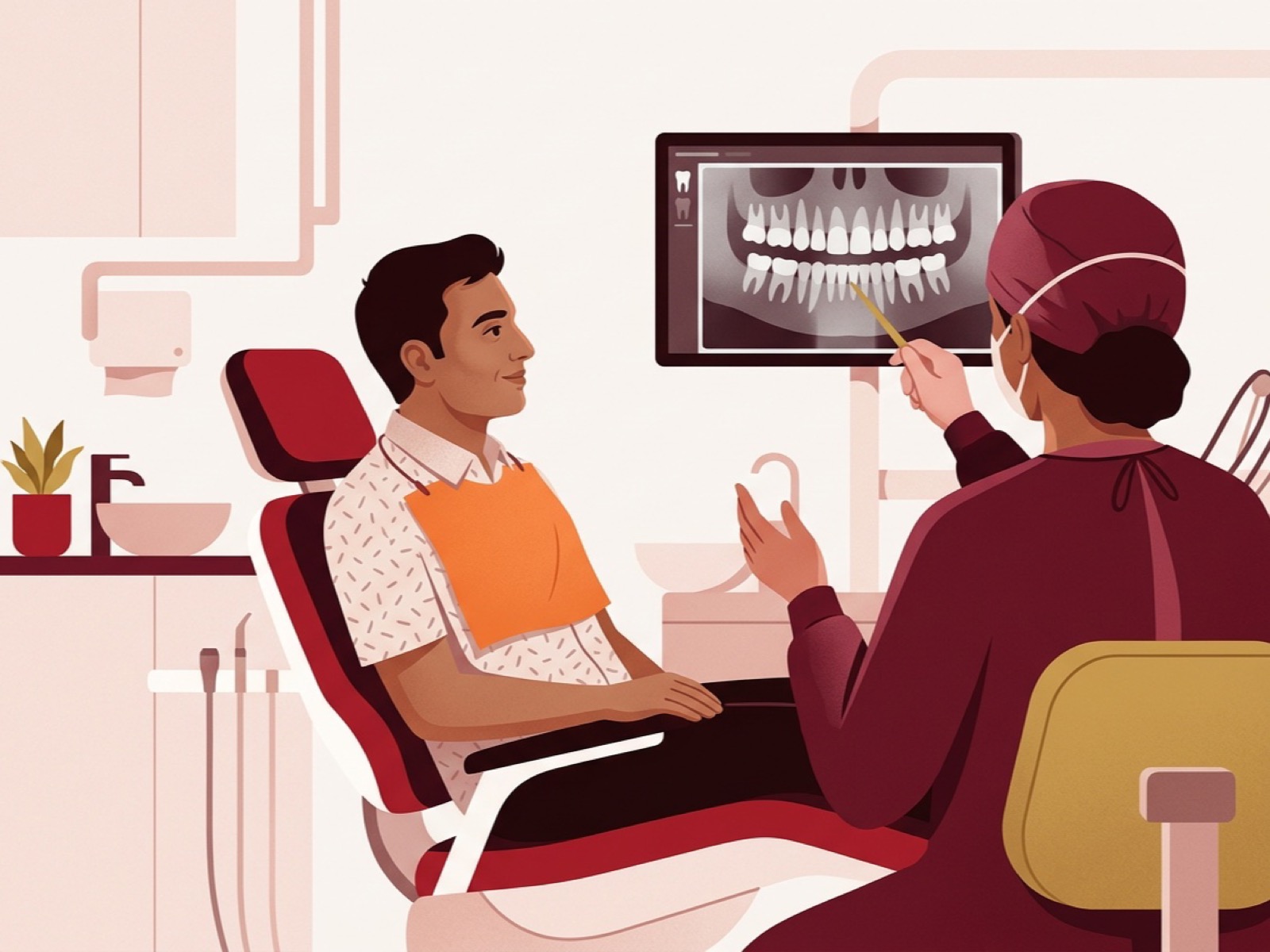 Illustration of a dentist explaining an X-ray to a patient